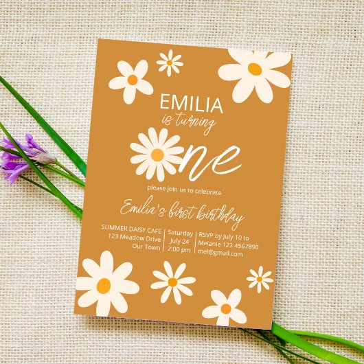 レトロ砂漠デイジー1st誕生日パーティーほこりっぽい黄色 招待状