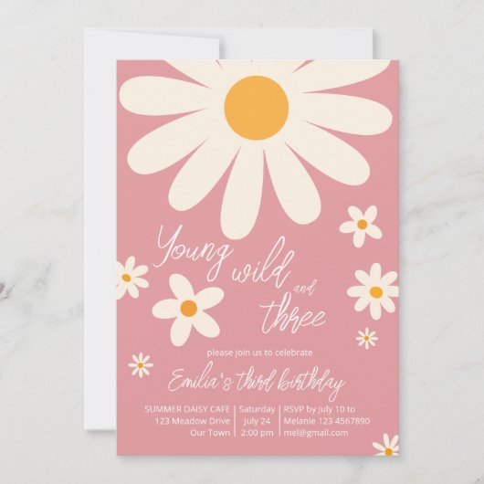 レトロ砂漠デイジー3rd誕生日パーティーほこりっぽいピンク 招待状 (正面)