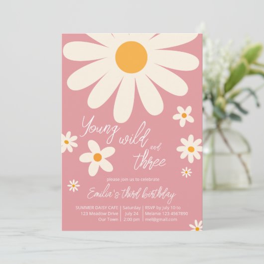 レトロ砂漠デイジー3rd誕生日パーティーほこりっぽいピンク 招待状 (スタンド正面)