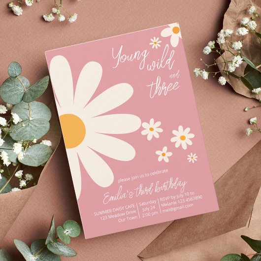 レトロ砂漠デイジー3rd誕生日パーティーほこりっぽいピンク 招待状