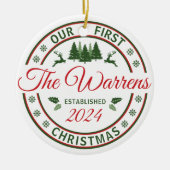 レトロ私たちの初めてのクリスマス結婚式結婚した名 セラミックオーナメント (正面)
