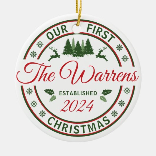 レトロ私たちの初めてのクリスマス結婚式結婚した名 セラミックオーナメント (正面)