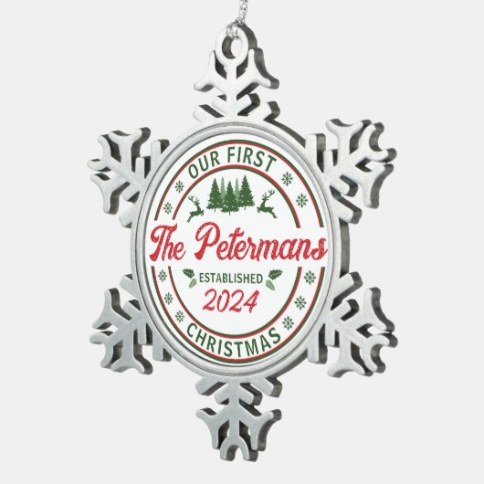 レトロ私たちの結婚した初めてのクリスマス結婚の名前 スノーフレークピューターオーナメント (右)