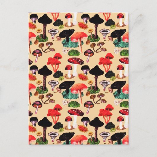 レトロ秋のウッドランドマッシュルームの水色 シーズンポストカード (正面)