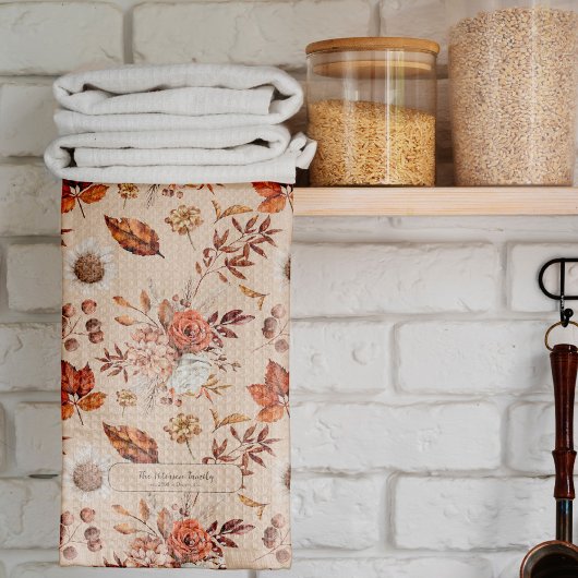 レトロ秋エレガントフローラパーソナライズされた名 キッチンタオル