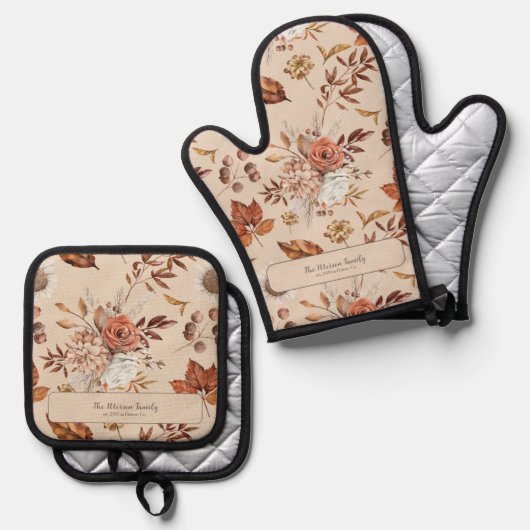レトロ秋フローラファミリー名キッチパーソナライズされたン 鍋つかみ&鍋敷きセット (正面/裏面)
