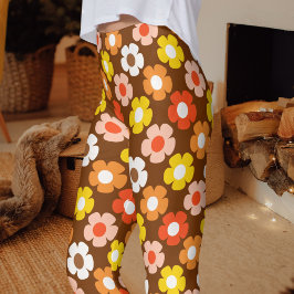 レトロ秋秋の花パターンブラウン レギンス