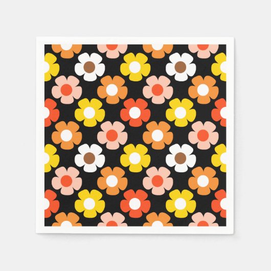レトロ秋秋の花パターンブラック スタンダードカクテルナプキン (正面)