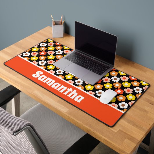 レトロ秋秋の花パターンブラック デスクマット (オフィス2)