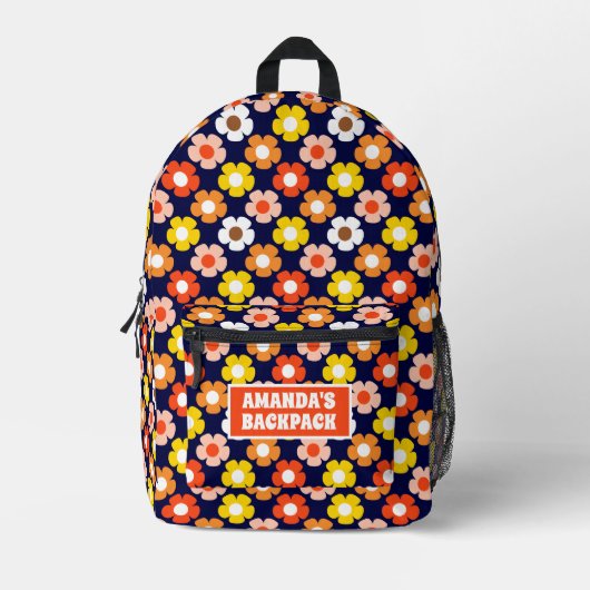レトロ秋秋の花パターンブルー プリントバックパック (正面)