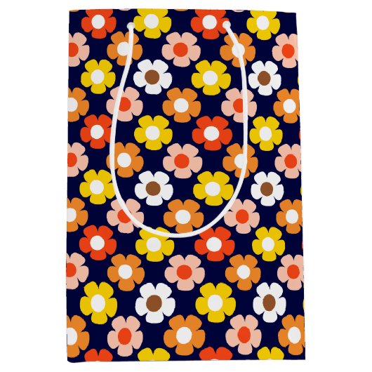 レトロ秋秋の花パターンブルー ミディアムペーパーバッグ (正面)