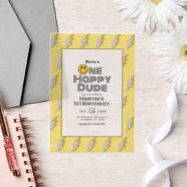 レトロ稲妻ワンハッピードドゥーデ1stバースデーフォト ベラム紙招待状