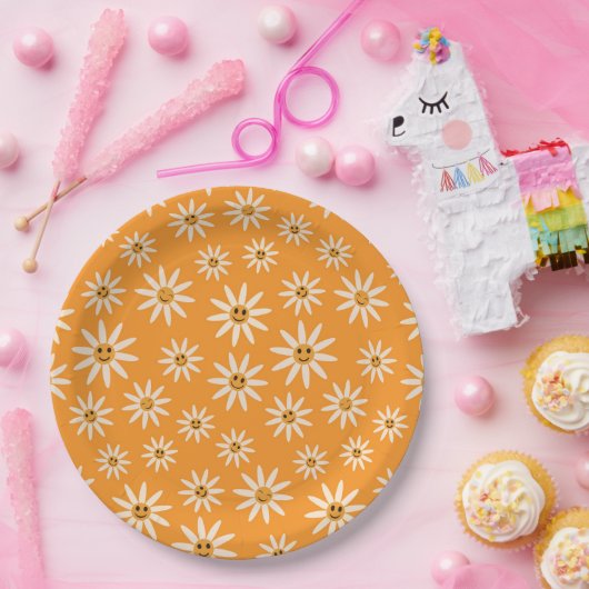 レトロ笑顔の白い花模様 ペーパープレート (パーティー)