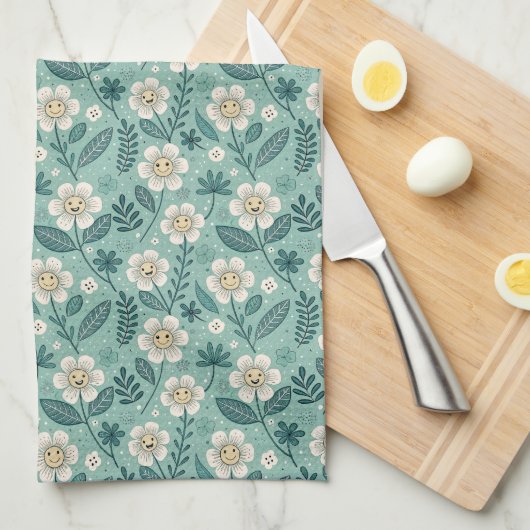 レトロ笑顔デイジーパターン – Groovy 70s Boho キッチンタオル (四つ折り)