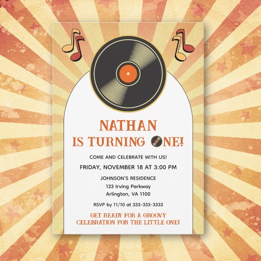レトロ第1子供の誕生日Groovyパーティービニル 招待状