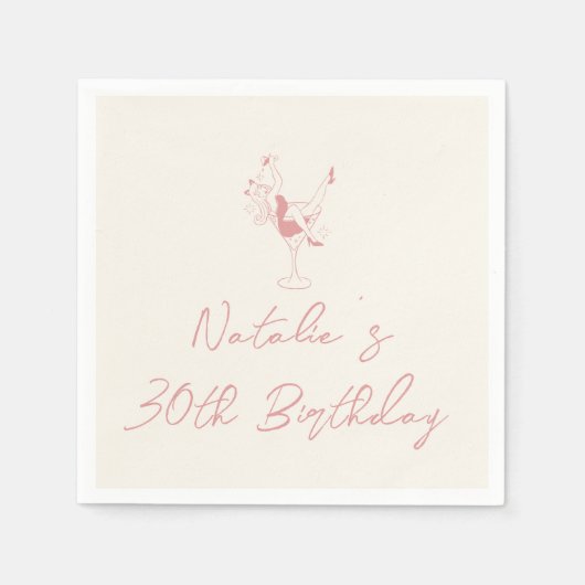 レトロ第30回ピンク手描きマイルストーンおもしろい誕生日 スタンダードカクテルナプキン (正面)