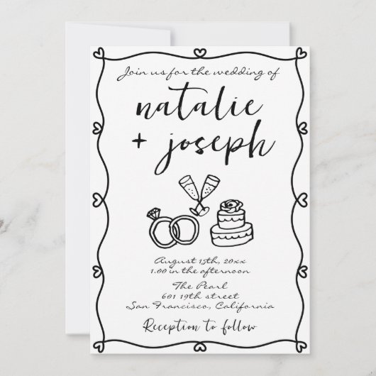 レトロ筆跡の手書描き写真結婚の 招待状 (正面)