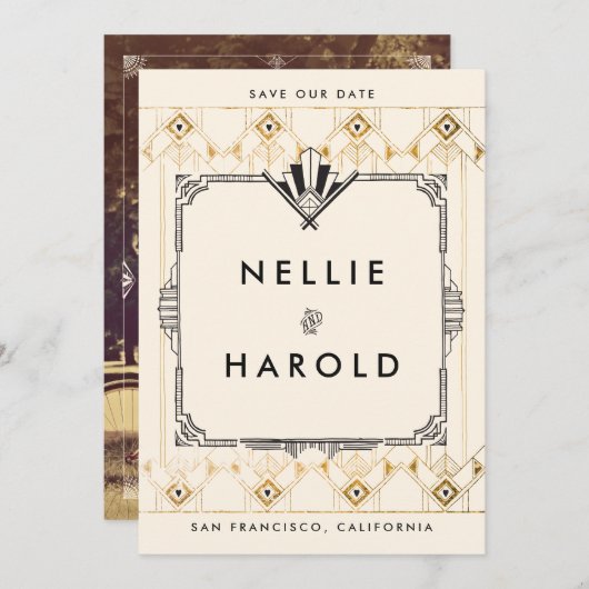 レトロ素晴らしギャツビーアールデコ写真Save the Dates セーブザデート (正面/裏面)