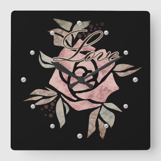 レトロ素朴なグランジベージュの質感の花バラfl スクエア壁時計 (正面)