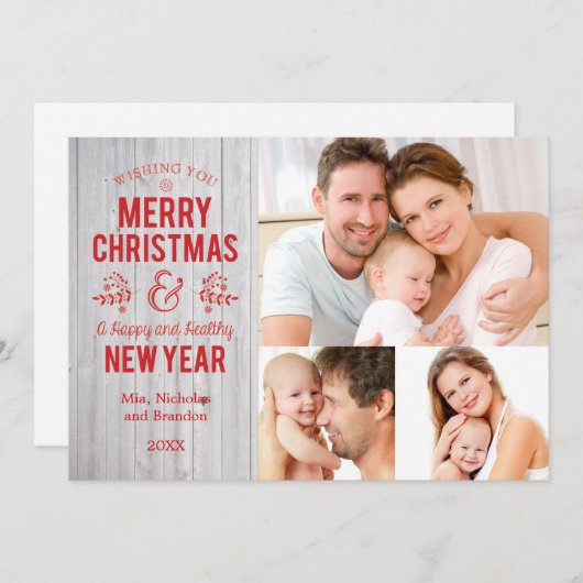 レトロ素朴な木製のメリークリスマスカードに署名して下さい シーズンカード (正面/裏面)