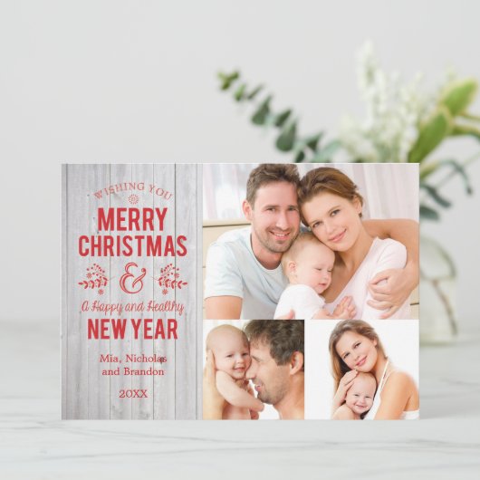 レトロ素朴な木製のメリークリスマスカードに署名して下さい シーズンカード (スタンド正面)