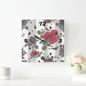 レトロ素朴な灰色の白いストライプの花赤いバラ スクエア壁時計 (ホーム)