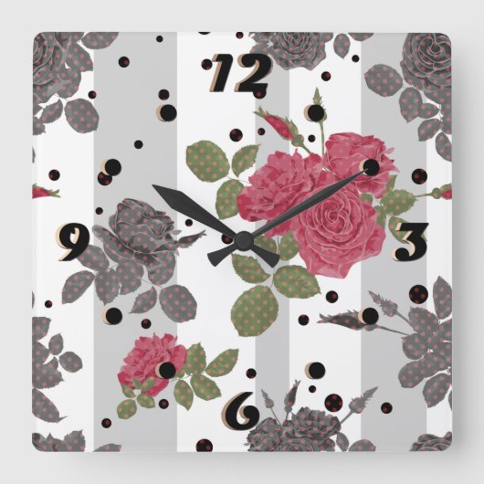 レトロ素朴な灰色の白いストライプの花赤いバラ スクエア壁時計 (正面)