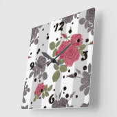 レトロ素朴な灰色の白いストライプの花赤いバラ スクエア壁時計 (傾斜)