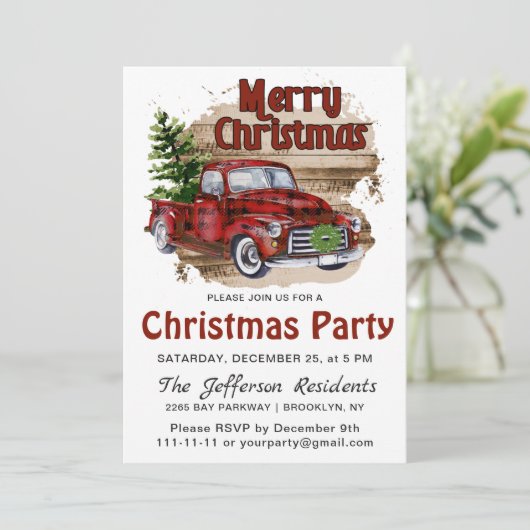 レトロ素朴ファームレッドトラッククリスマスパーティー 招待状 (スタンド正面)