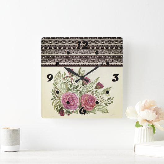 レトロ素朴ベージュsepia水彩花レッド スクエア壁時計 (ホーム)