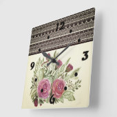 レトロ素朴ベージュsepia水彩花レッド スクエア壁時計 (傾斜)