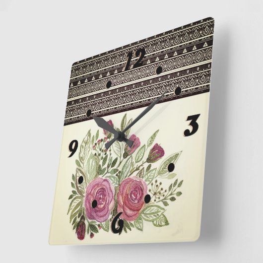 レトロ素朴ベージュsepia水彩花レッド スクエア壁時計 (傾斜)