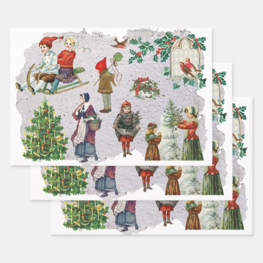 レトロ素朴ヴィンテージクリスマスウィンターホリデイ ラッピングペーパーシート (セット)