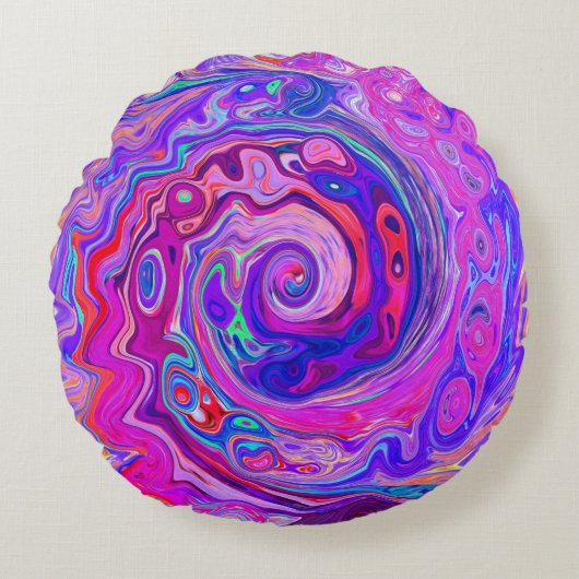 レトロ紫とオレンジの抽象芸術Groovy Swirl ラウンドクッション (正面)