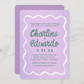 レトロ紫と緑の波状の手書き結婚の 招待状 (正面/裏面)