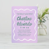 レトロ紫と緑の波状の手書き結婚の 招待状 (スタンド正面)