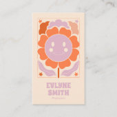 レトロ紫オレンジ色QRコード溝付き笑顔の花 名刺 (正面)