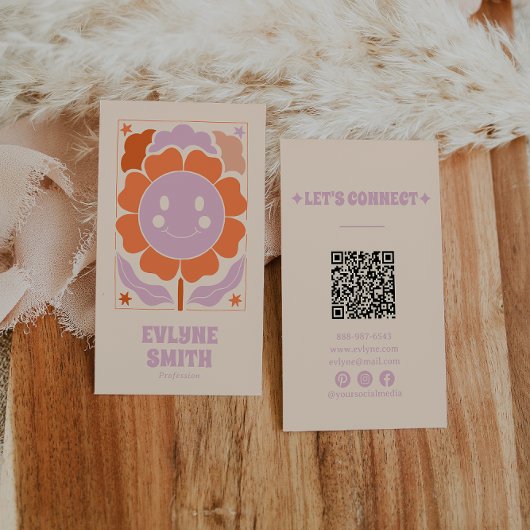 レトロ紫オレンジ色QRコード溝付き笑顔の花 名刺