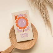 レトロ紫オレンジ色QRコード溝付き笑顔の花 名刺