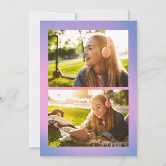 レトロ紫ピンクグラデーション3写真卒業 案内状 (裏面)