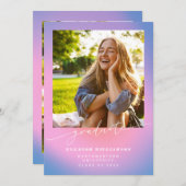 レトロ紫ピンクグラデーション3写真卒業 案内状 (正面/裏面)
