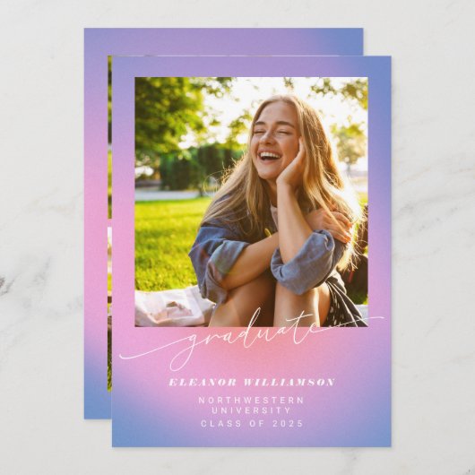 レトロ紫ピンクグラデーション3写真卒業 案内状 (正面/裏面)