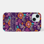 レトロ紫色の花柄 iPhone 15ケース (裏面横)