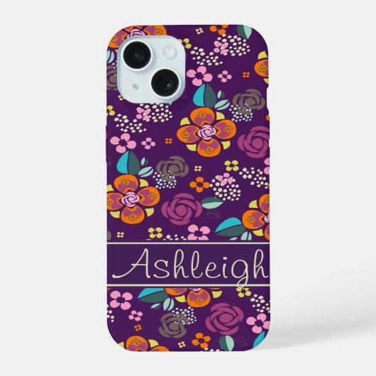 レトロ紫色の花柄 iPhone 15ケース (裏面)