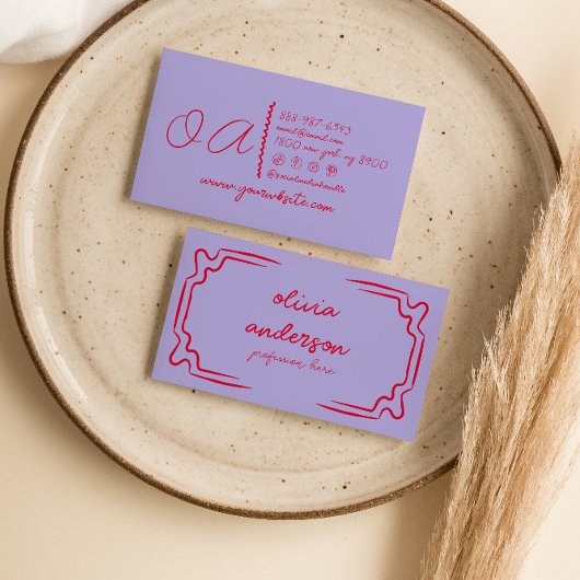 レトロ紫色の赤描線ユニークガーリー 名刺