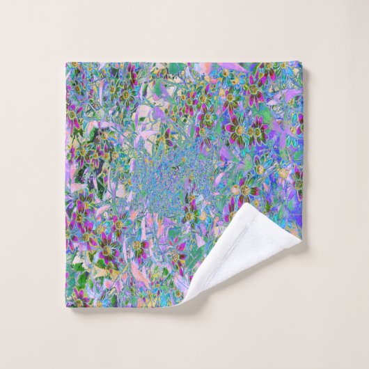 レトロ紫、緑、青の花ピンク ウォッシュタオル (ウォッシュタオル)