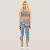 レトロ紫、緑、青の花ピンク カプリレギンス (正面)