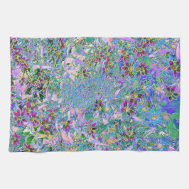 レトロ紫、緑、青の花ピンク キッチンタオル