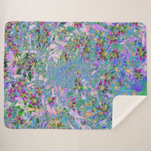 レトロ紫、緑、青の花ピンク シェルパブランケット (正面(横))