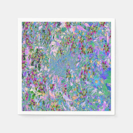 レトロ紫、緑、青の花ピンク スタンダードカクテルナプキン (正面)